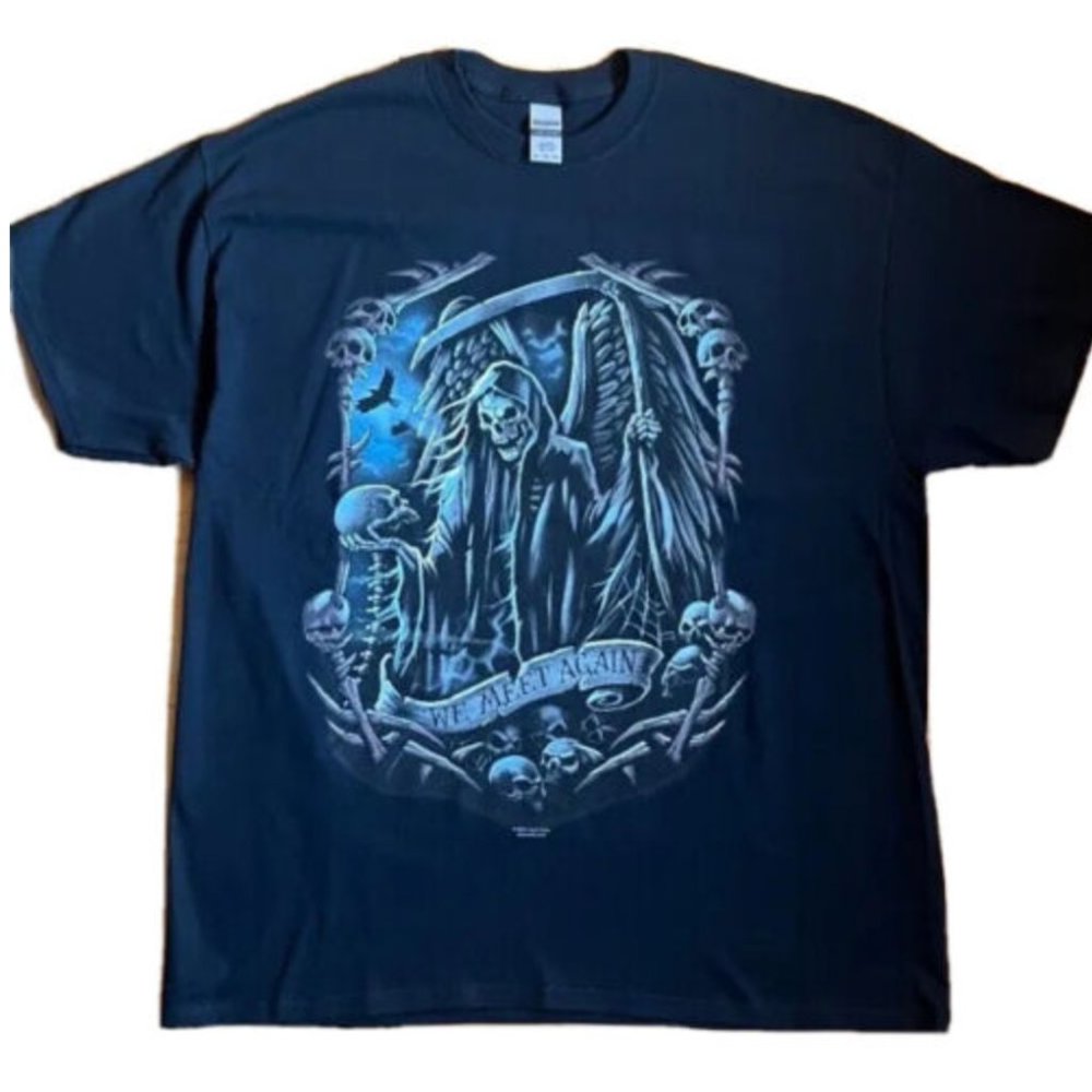 Mens 'We Meet Again' Skull Reaper Black T-Shirt Short Sleeve